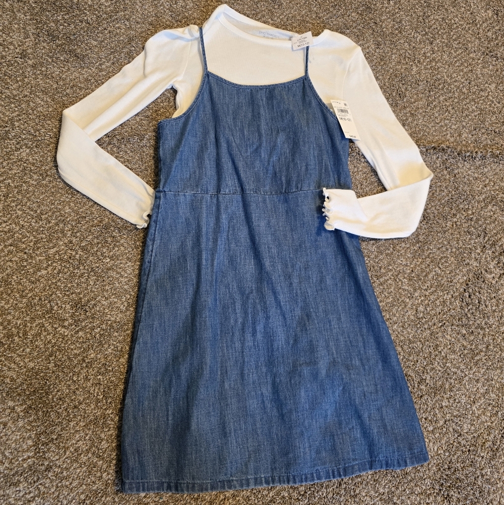 Epic Threads Girl's Blue Denim Dress with White Long Sleeve Top (Set) Size M